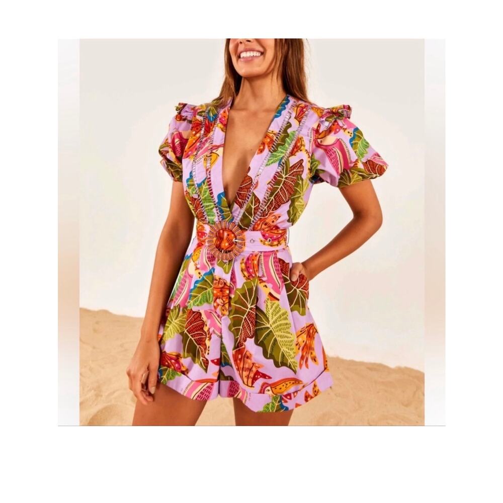NWT Farm Rio Purple Tropical Floral V-Neck Puff Sleeve Belted Romper M